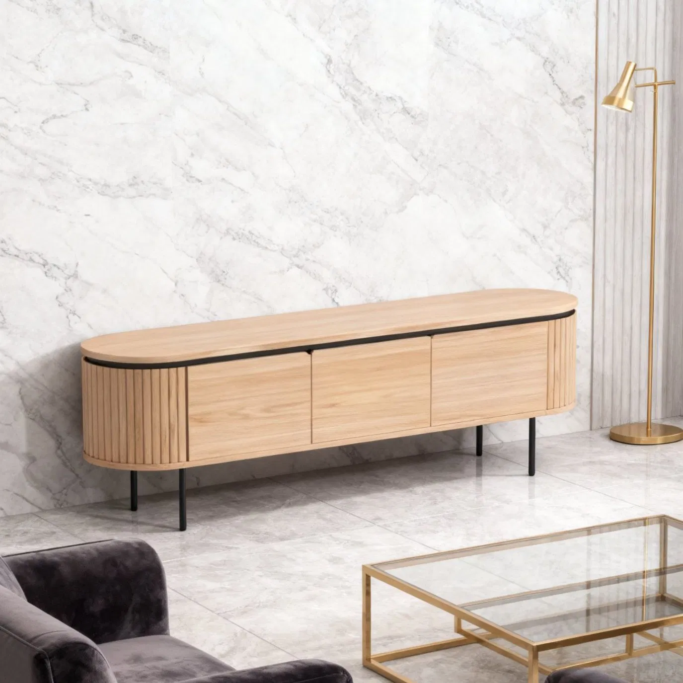 Modern Minimalist TV Stand Living Room &amp; Bedroom Media Center 3 Cabinet Doors Metal Frame