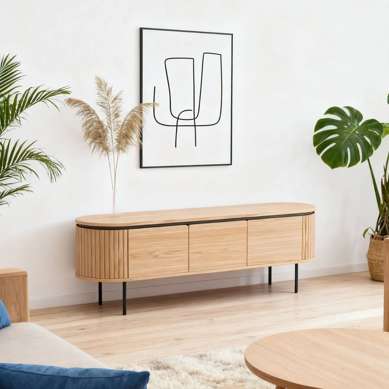 Modern Minimalist TV Stand Living Room &amp; Bedroom Media Center 3 Cabinet Doors Metal Frame