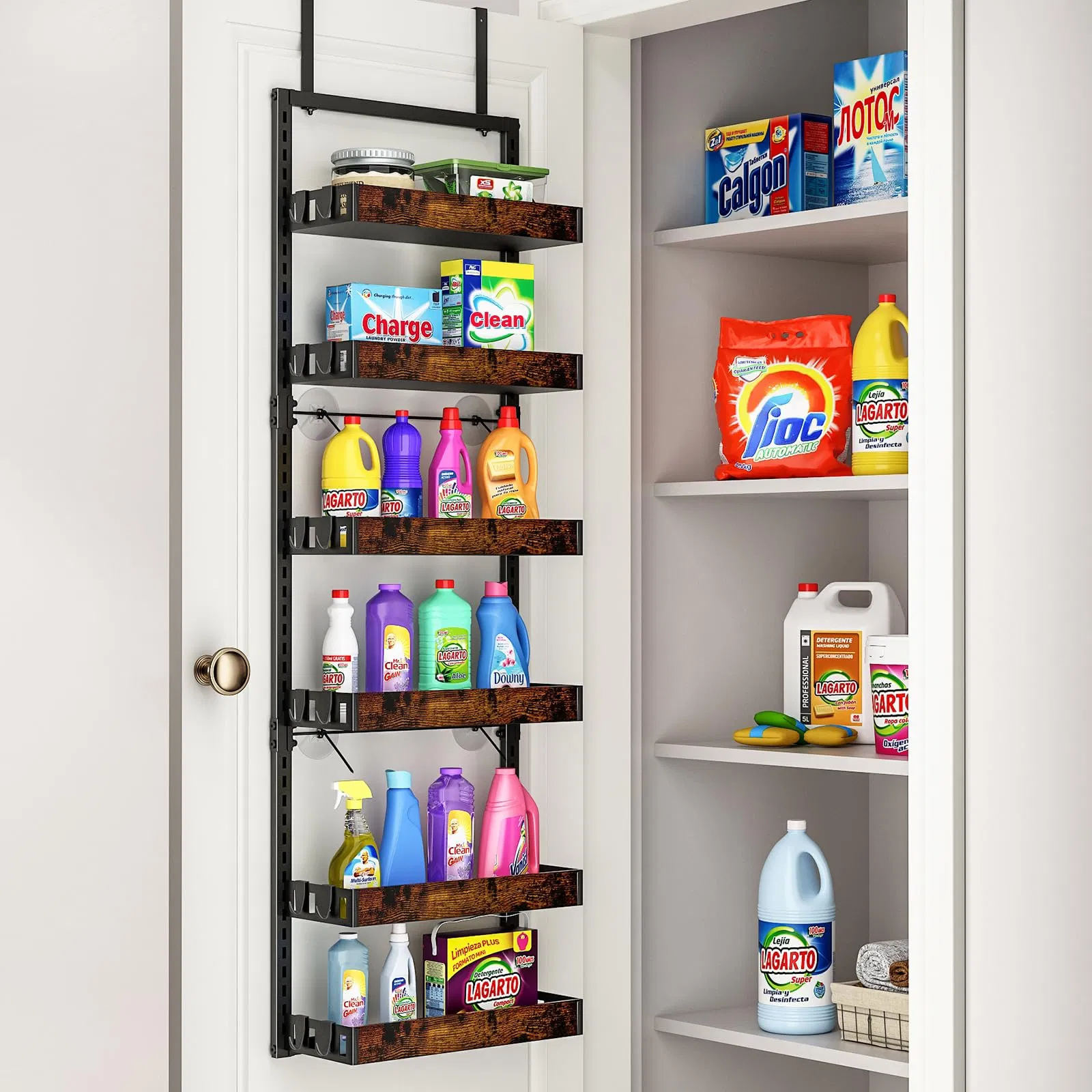 Over The Door Pantry Organizer, 6-Tier Adjustable Wooden Basket Kitchen Pantry Door Organization and Storage, Heavy-Duty Metal Hanging Kitchen Spice Rack