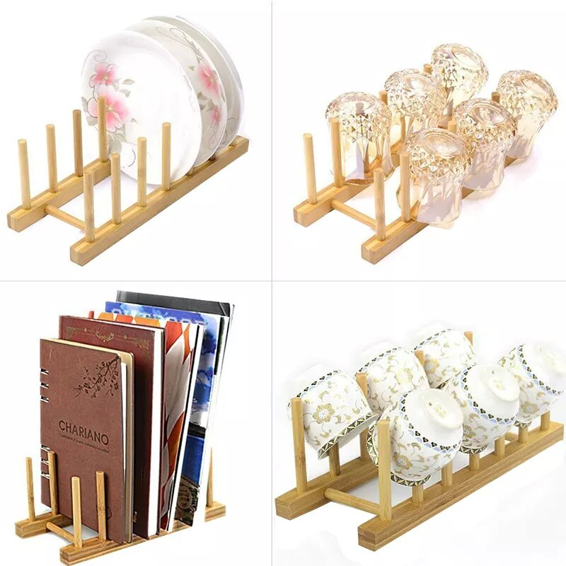 Multifunctional Bamboo Wood Dish Rack Drain/Dry/Storage Plate Rack-Standing Kitchen Rack Cabinet Organizer