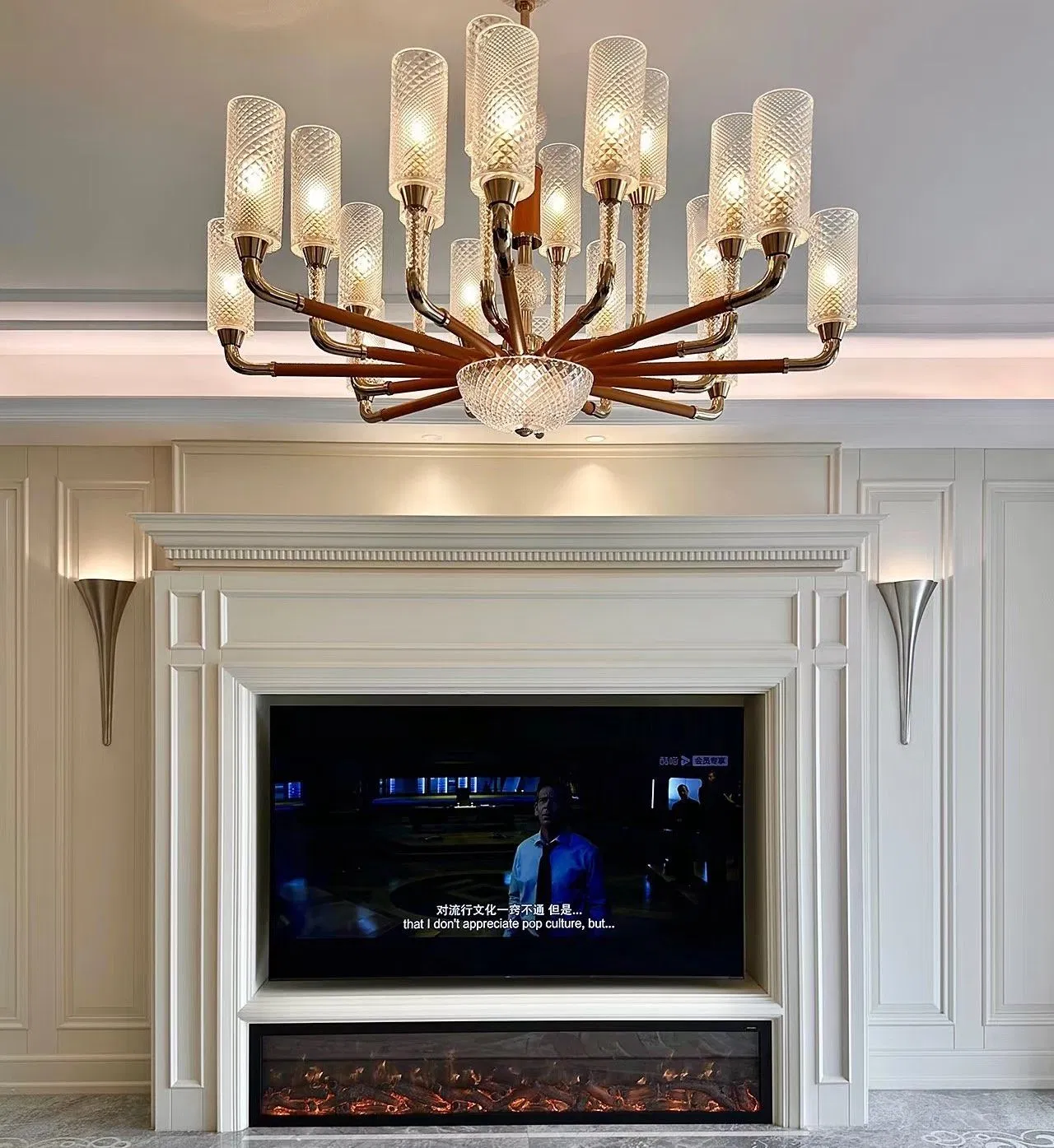 Minimalist Modern Living Room Movable Wooden Fireplace TV Stand Combination Wall Mounted Background Wall Cabinet