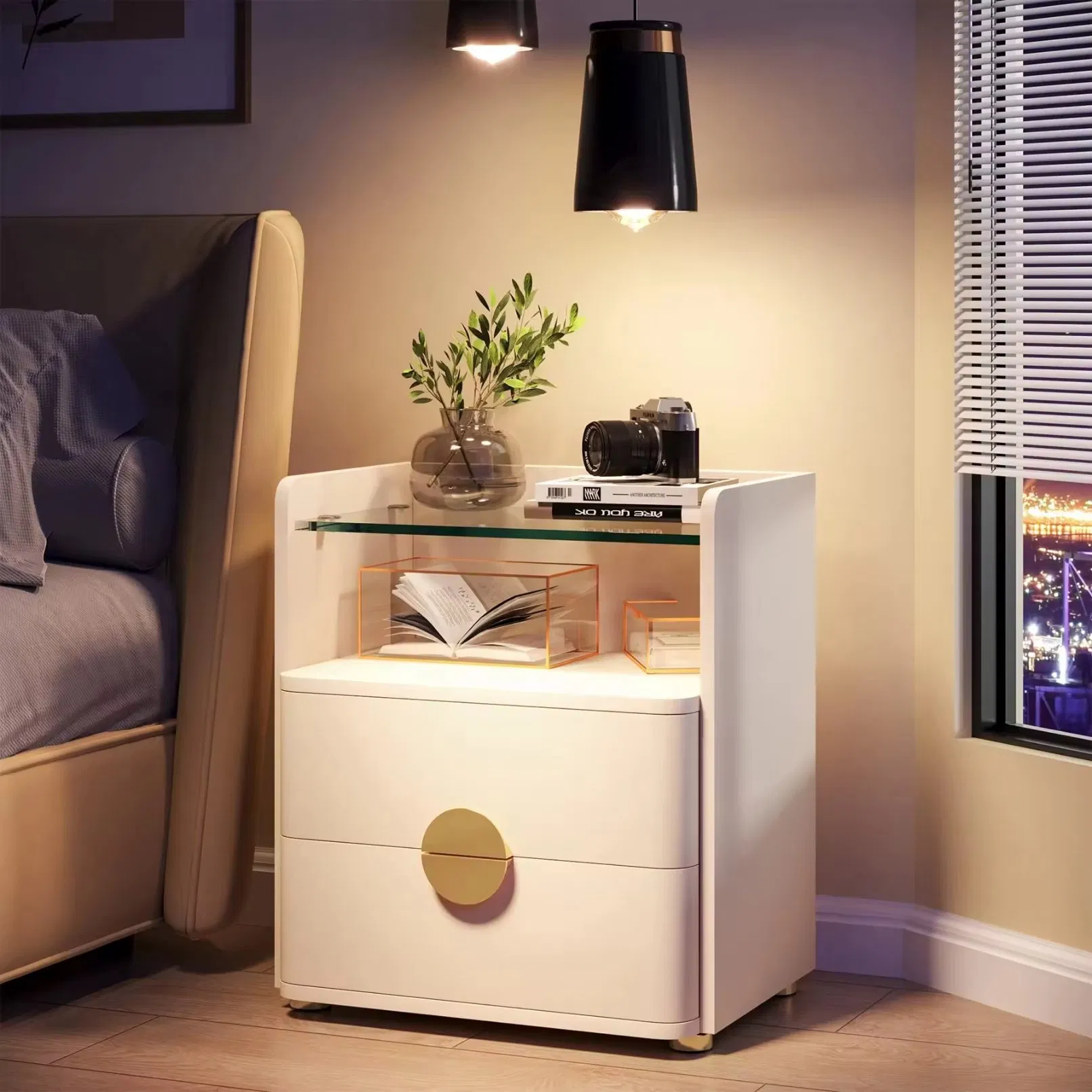 Solid Wooden Tempered Glasses Bedroom Furniture Bedside Table High Quality Minimalist Nightstands