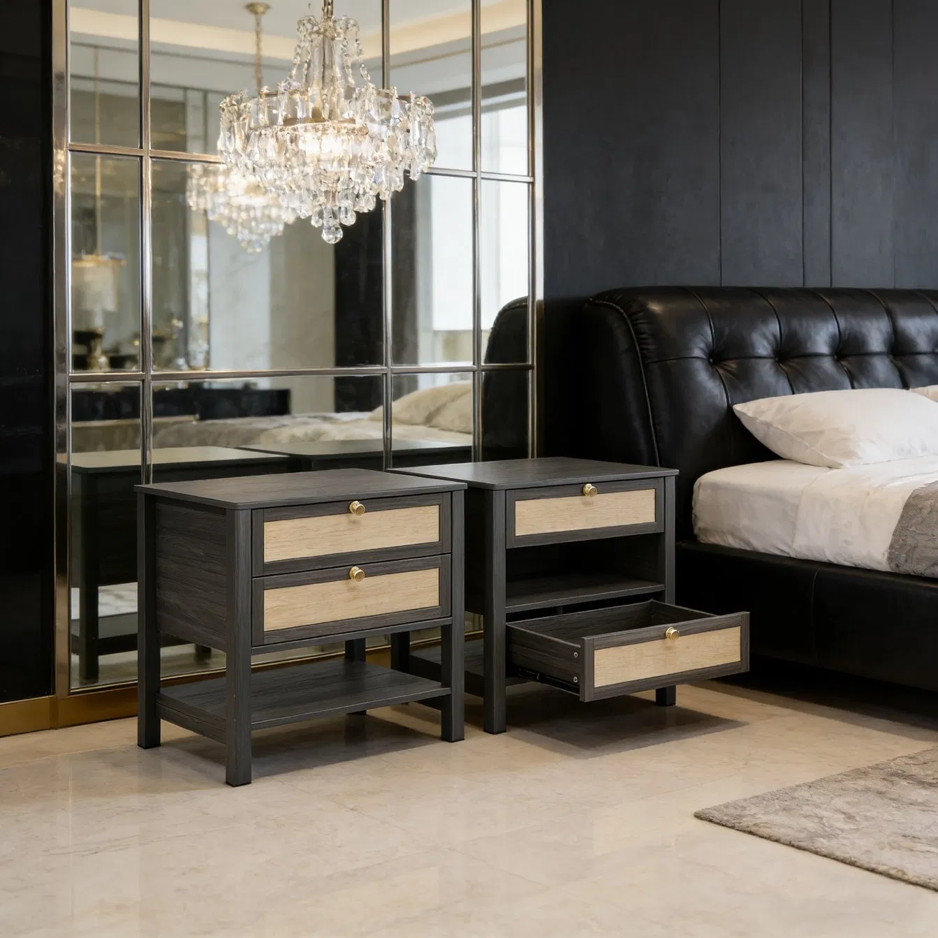 Black Stylish Modern Furniture Wooden Storage Nightstand for Bedroom Living Room Hotel