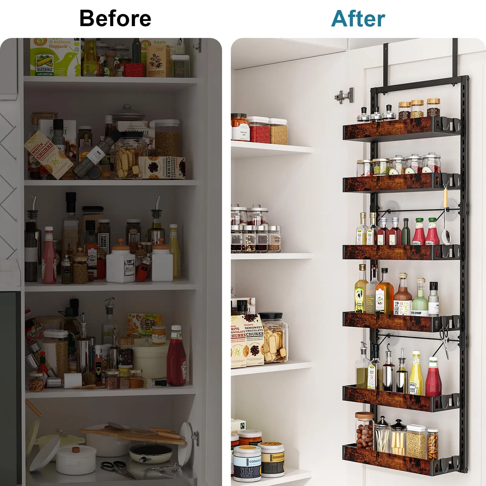 Over The Door Pantry Organizer, 6-Tier Adjustable Wooden Basket Kitchen Pantry Door Organization and Storage, Heavy-Duty Metal Hanging Kitchen Spice Rack