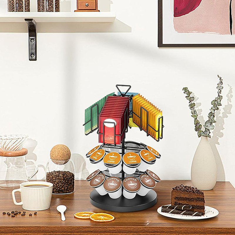 Long Life High Quality Kitchen Metal Wooden Black Holds 60 K Cups Nespresso Carousel Station Countertop Syrup Coffee Revolving Pods Organizer