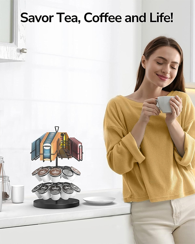 Long Life High Quality Kitchen Metal Wooden Black Holds 60 K Cups Nespresso Carousel Station Countertop Syrup Coffee Revolving Pods Organizer