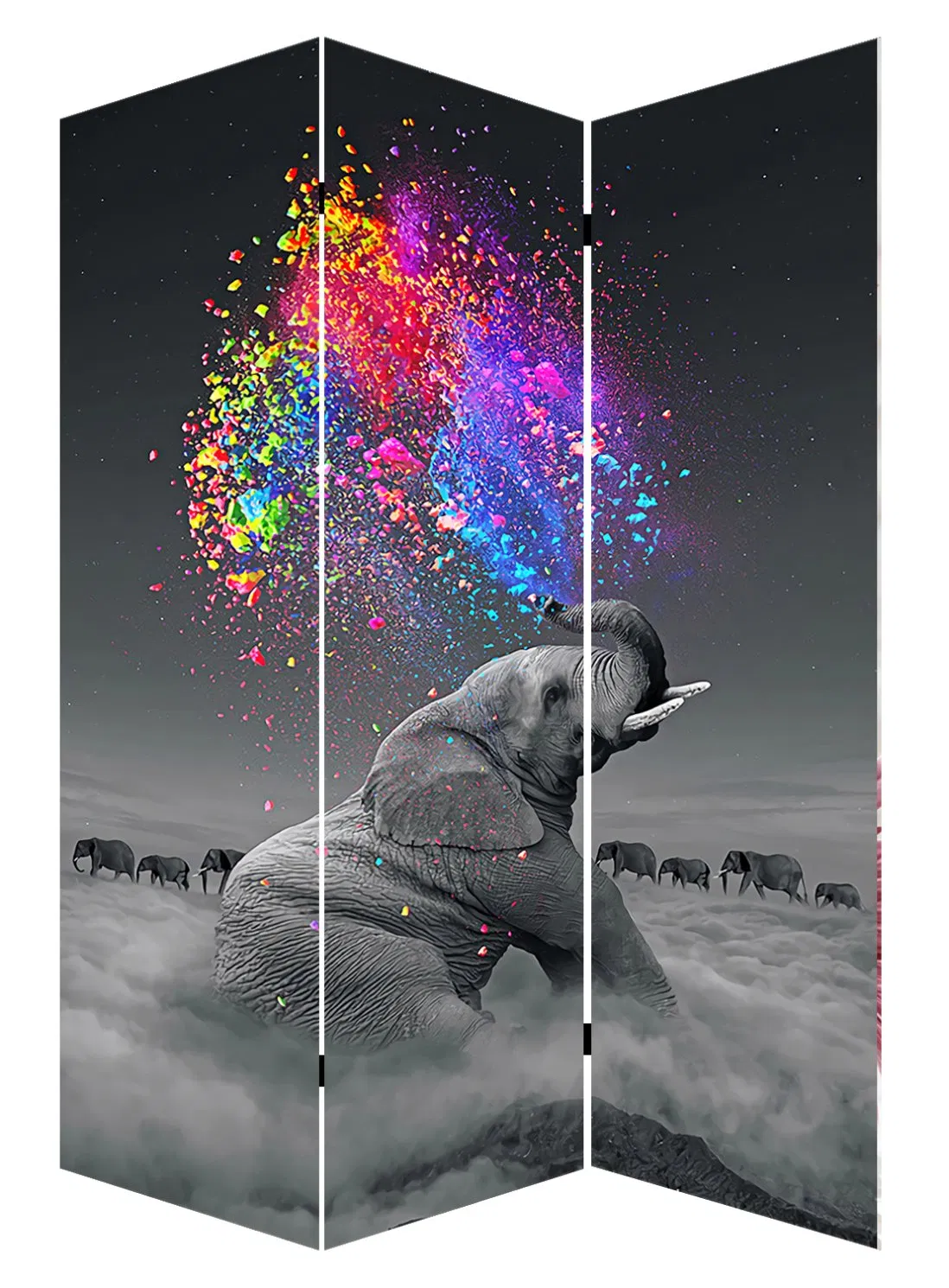 Hot Selling Elephant Indian Style Colorful Print 3 Panel Canvas/Wooden Screen &amp; Room Dividers