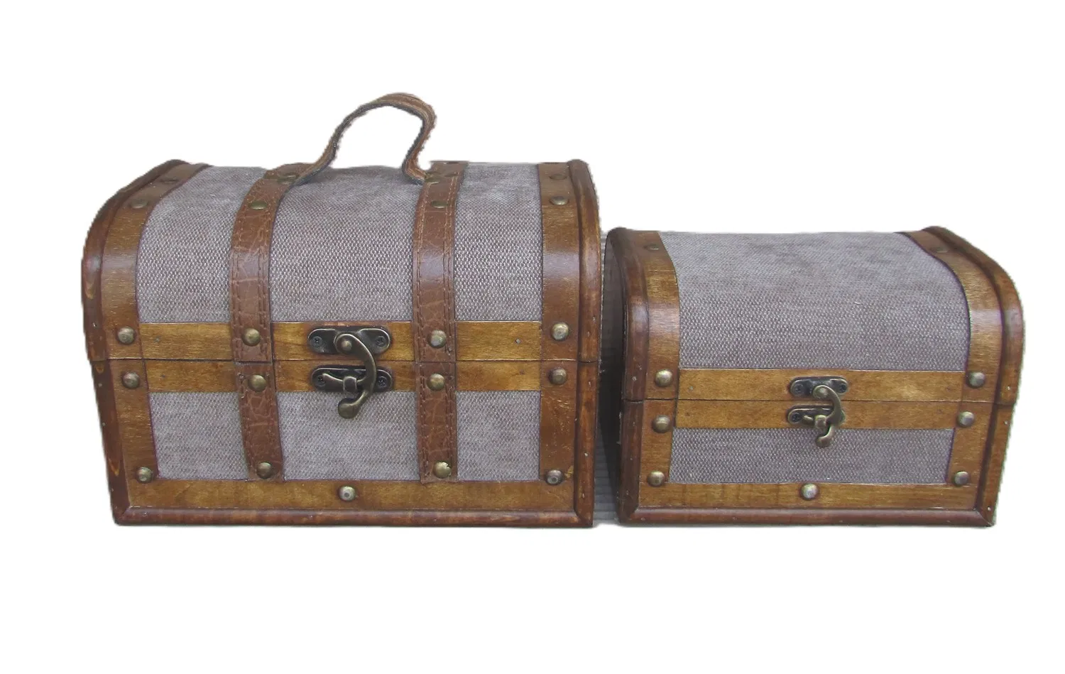 Pure Handcrafted Antique Wooden Treasure Chest Set/2, Make-up/Necklace/Jewelry Box Home Storage Box, Decor with White Tweed Linen Cover Elegant Style Decors