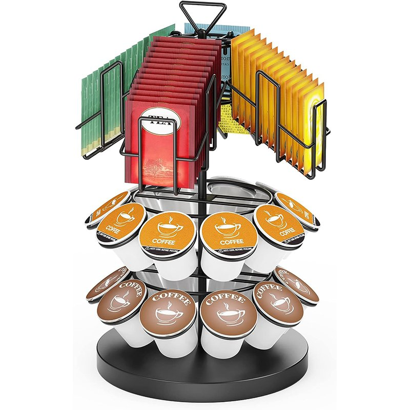 Long Life High Quality Kitchen Metal Wooden Black Holds 60 K Cups Nespresso Carousel Station Countertop Syrup Coffee Revolving Pods Organizer