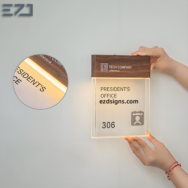 Transparent Glass &amp; Walnut Wood Office Room Number Name Signages for Wayfinding