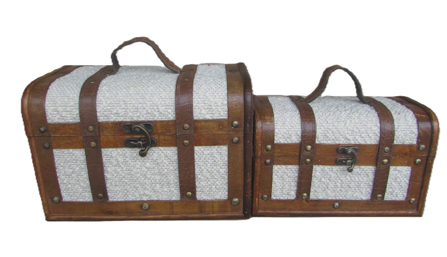 Pure Handcrafted Antique Wooden Treasure Chest Set/2, Make-up/Necklace/Jewelry Box Home Storage Box, Decor with White Tweed Linen Cover Elegant Style Decors
