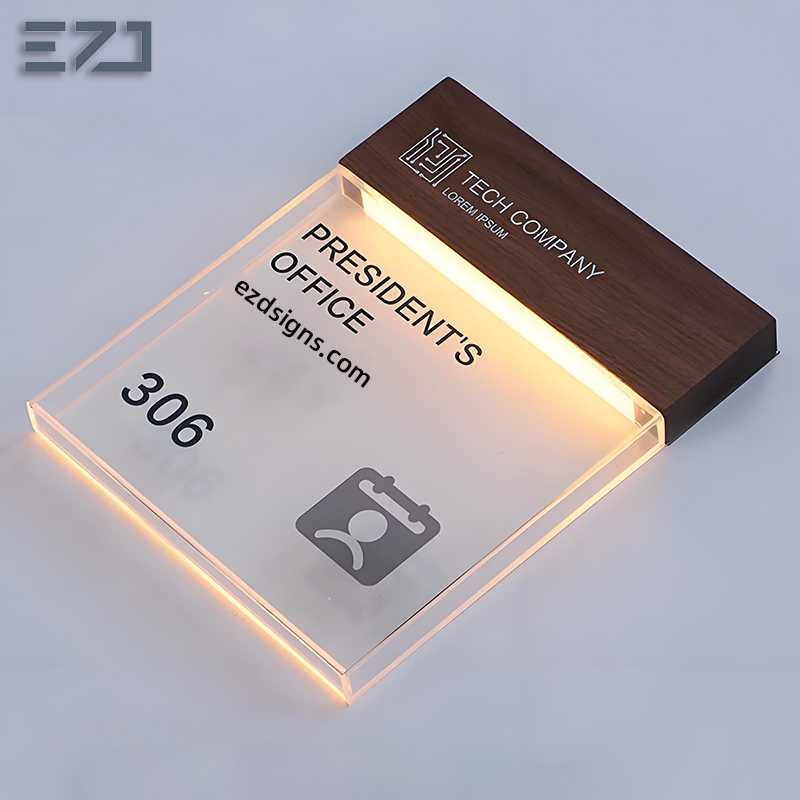 Transparent Glass &amp; Walnut Wood Office Room Number Name Signages for Wayfinding