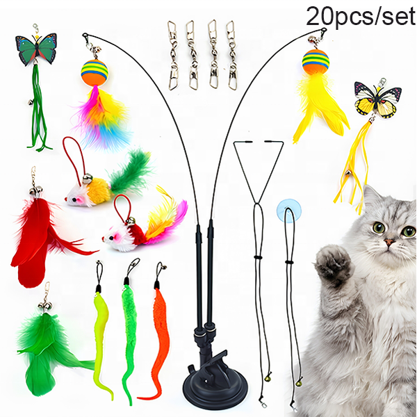 20pcs Interactive Cat Toy Set With Suction Cup Base Feather Wand Plush Mouse for Indoor Play