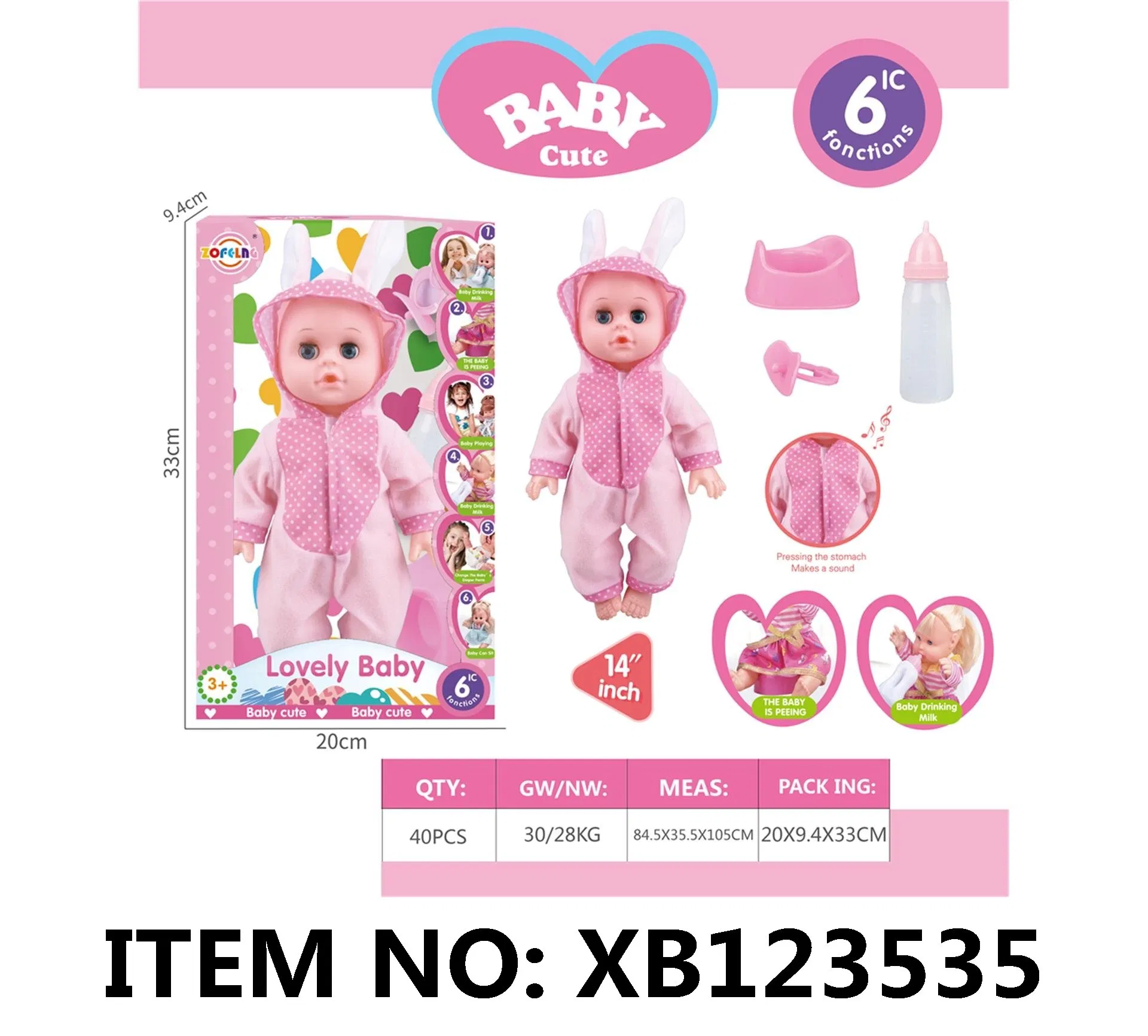 Xinbo Cartoon Animal Plush 14 Inch Baby Doll Bodysuit Doll Jumpsuit