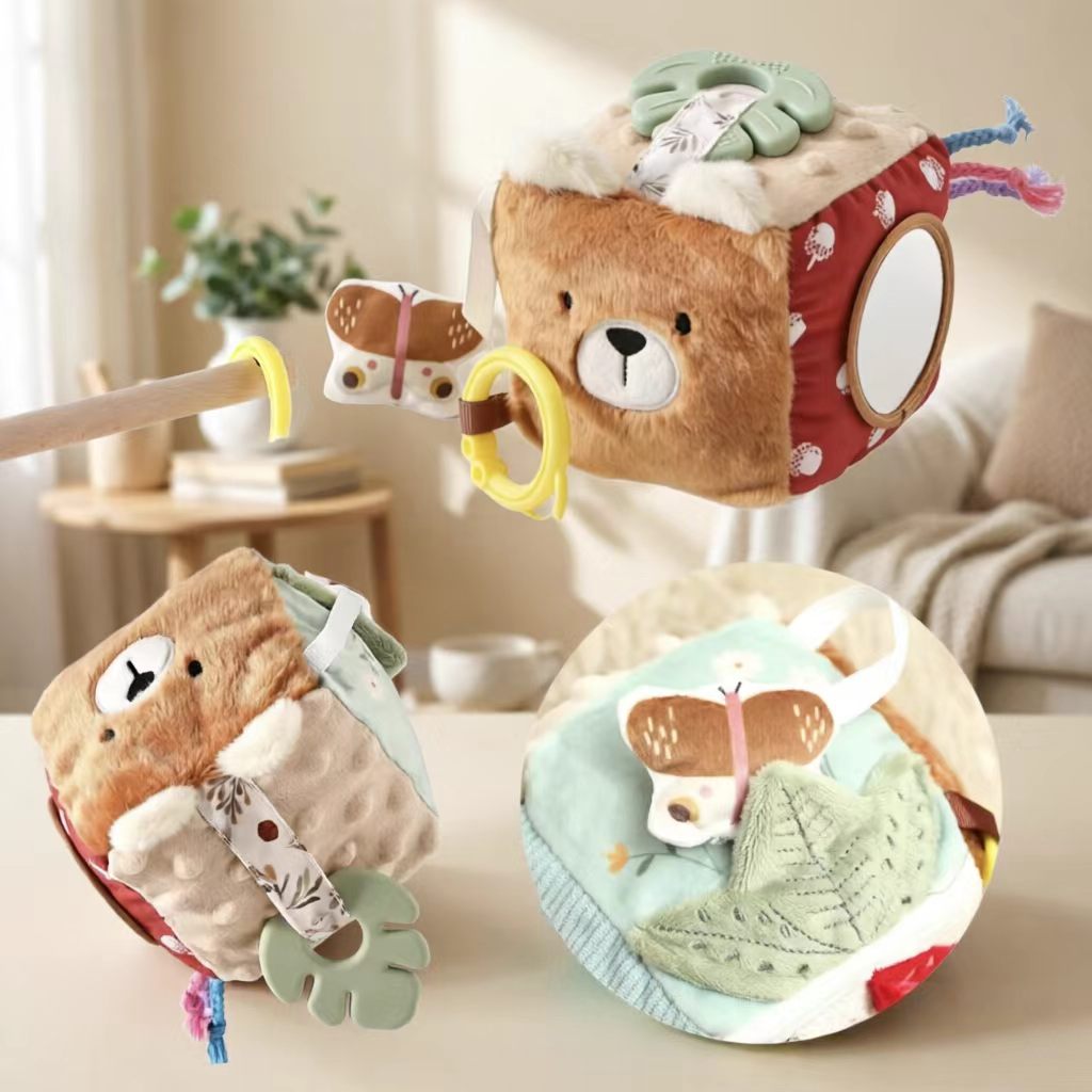 Plush Montessori Sensory PP Cotton Early Education Baby Toy Multi-in-One Cube with Rattle Bed Hanger Birthday Washed for Infants