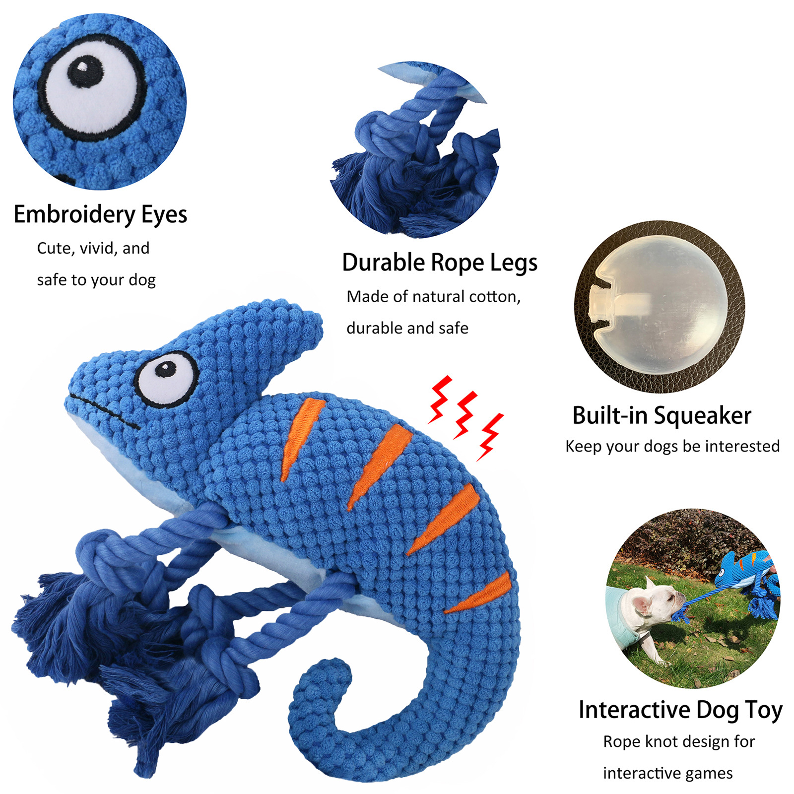 Interactive Plush Chameleon Dog Toy with Squeaker, Durable Pull-and-Tug Chew Toy for Dogs