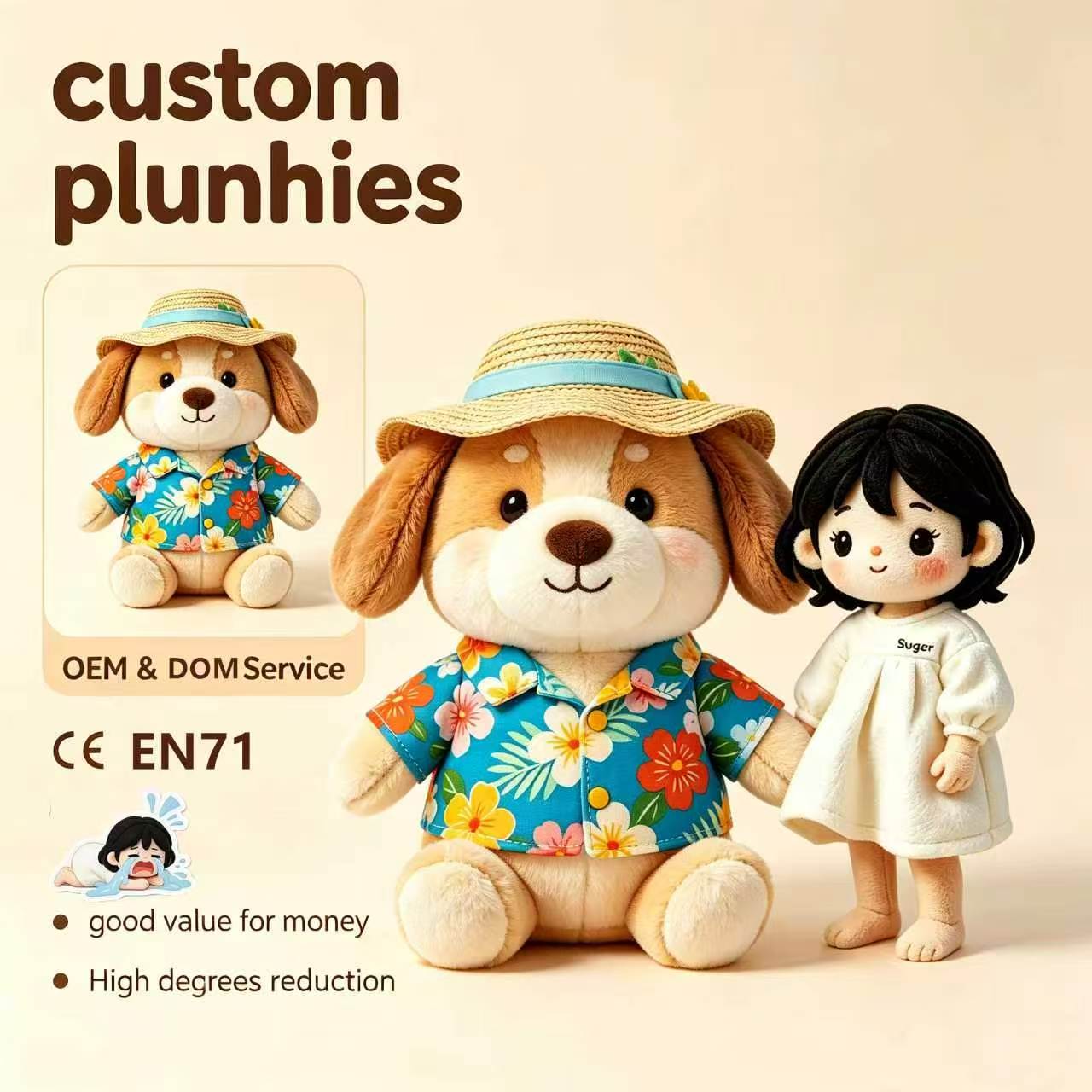 Custom Tropical Floral Shirt Dog Plush Mascot, Beach Vacation Theme Puppy Stuffed Toy, Wholesale Bulk for Summer Holiday