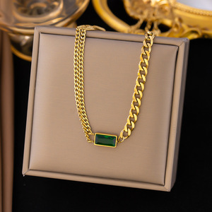Luxury 18K Gold Plated Stainless Steel Minimalist Green Stone Cuban Chain Fine Jewelry Necklaces for Party