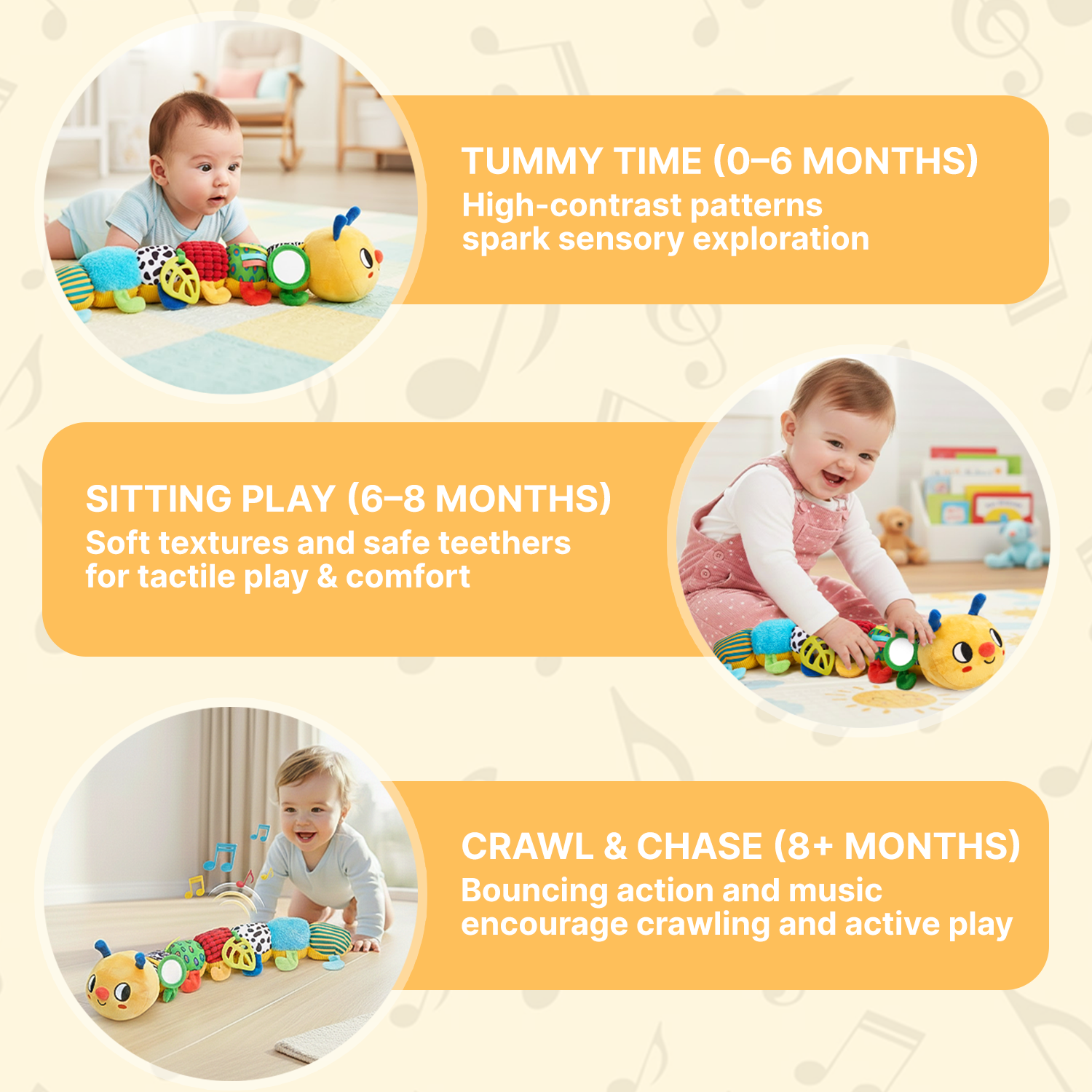 Joycat Educational Toys Cute Plush Insect Caterpillar Height Chart for Babies a Fun Toy for Grasping Pressing and Playing Music