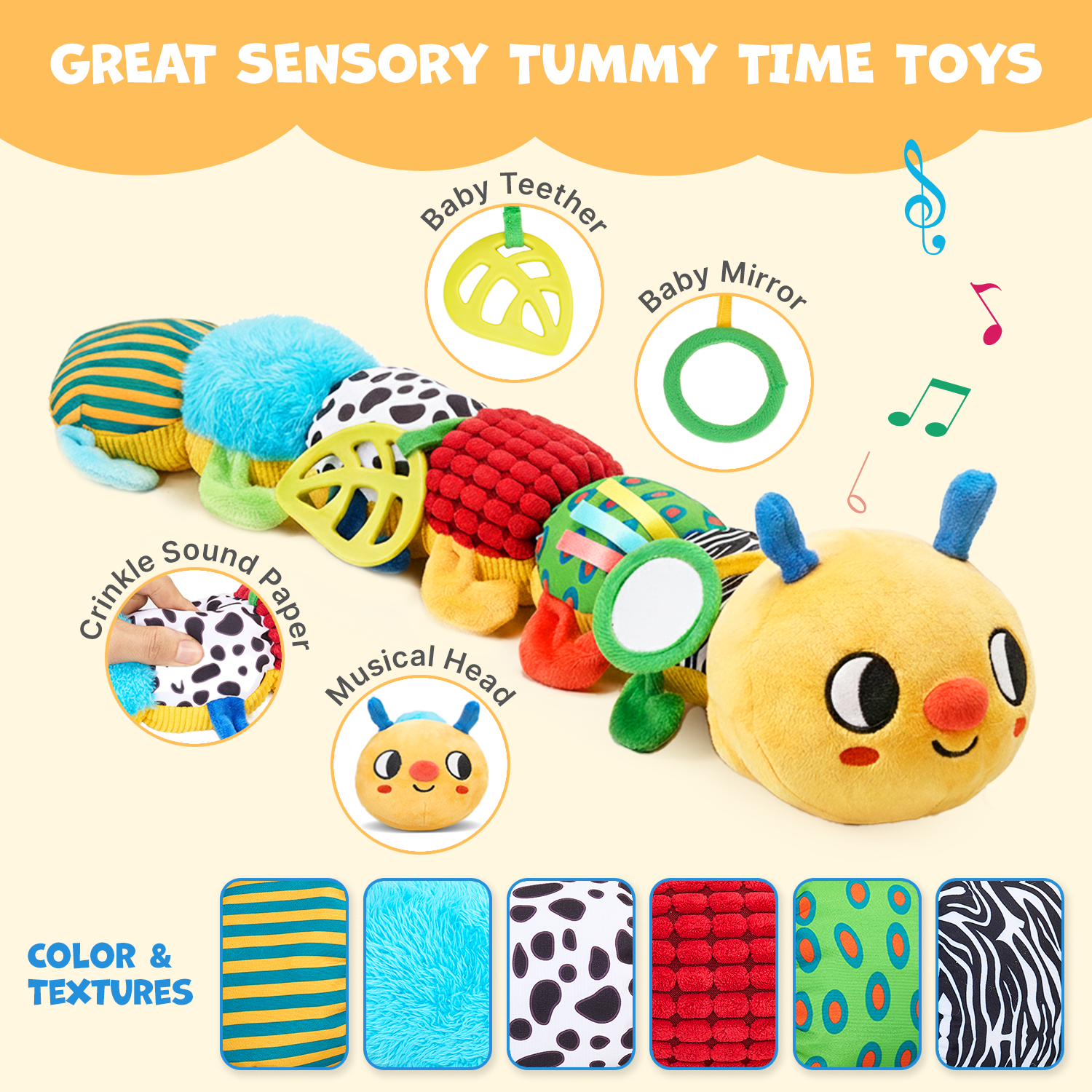 Joycat Educational Toys Cute Plush Insect Caterpillar Height Chart for Babies a Fun Toy for Grasping Pressing and Playing Music
