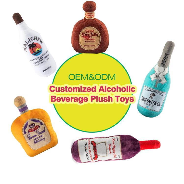 Custom Interactive Plush Toy Printed Beer Bottle Shape Toy Dog Bite Resistant Clean Teeth Chew Toy