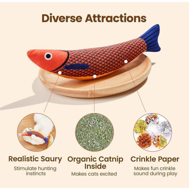Realistic Fish Plush Cat Toy with Organic Catnip &amp; Crinkle Paper Interactive Plush Toy Pacific Saury Shape