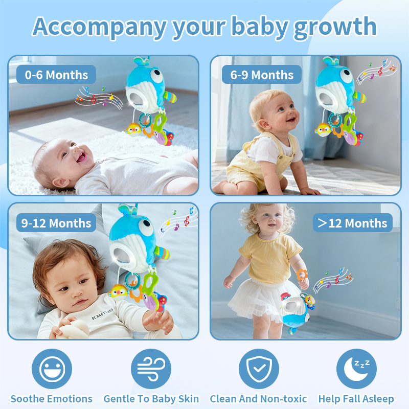 Aijh Musical Sensory Plush Whale Baby Comforter Toy Crib Car Seat Stroller Hanging Toy with Rattle Teether Mirror Toys