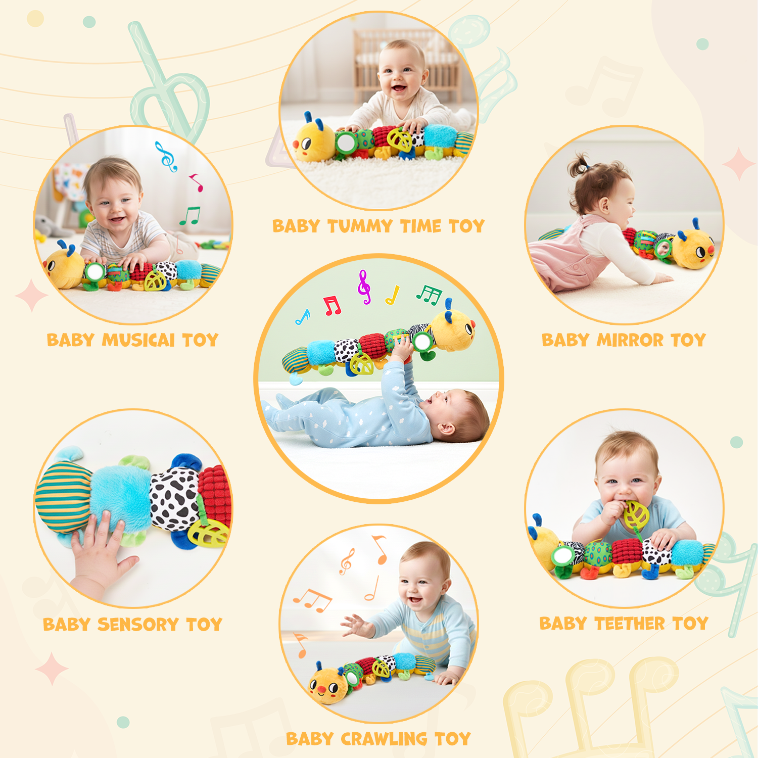 Joycat Educational Toys Cute Plush Insect Caterpillar Height Chart for Babies a Fun Toy for Grasping Pressing and Playing Music