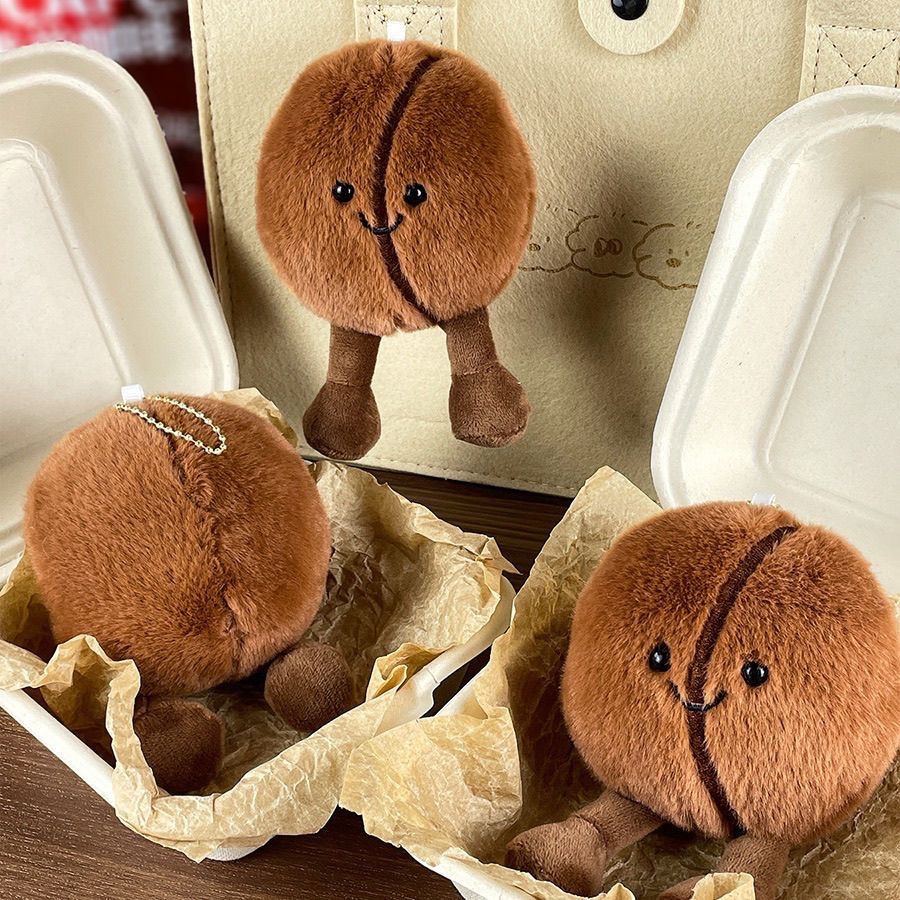 Cute Embossed Cartoon Coffee Bean Plush Keychain Soft Toy Bag Pendant Stuffed Doll for Gift