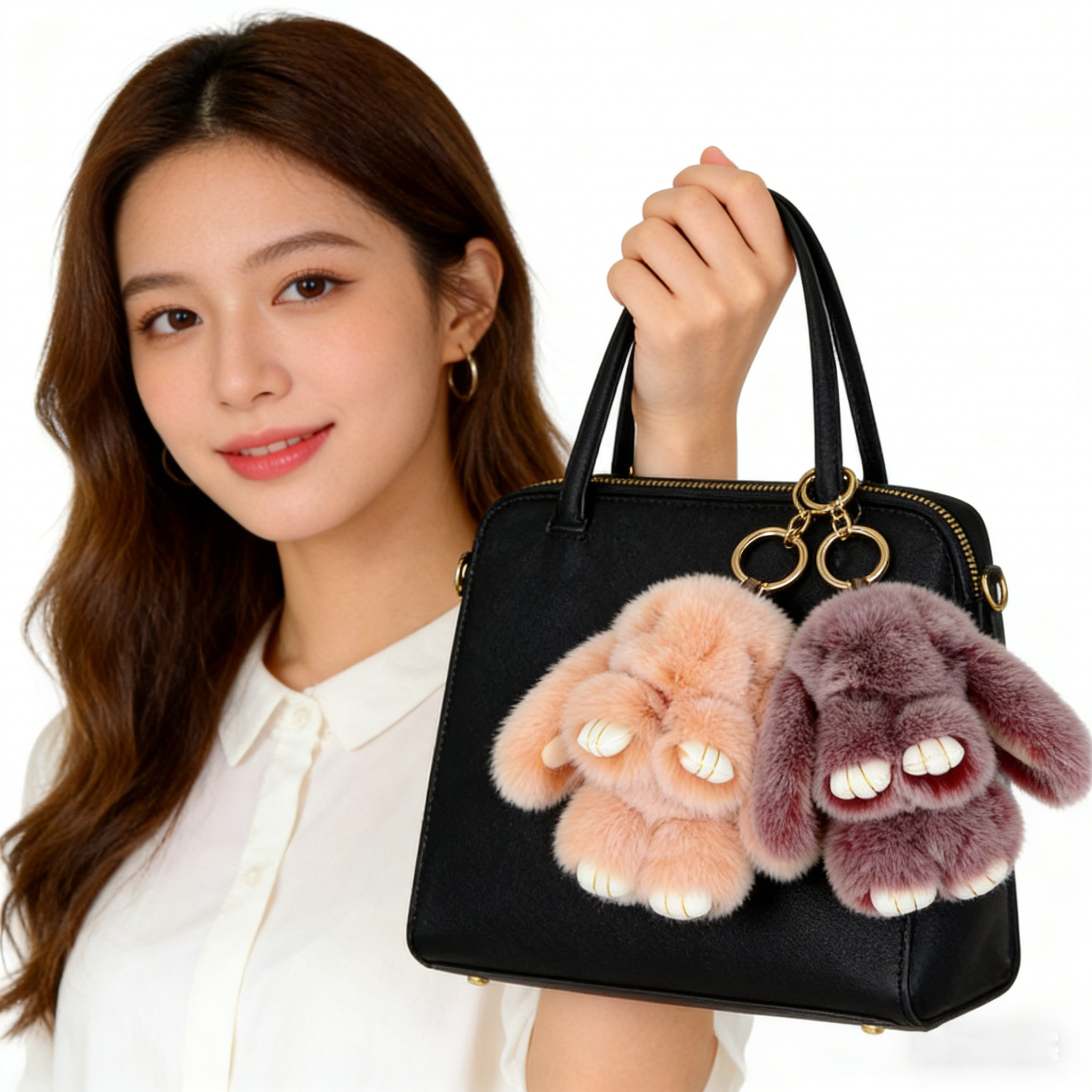 15cm Fluffy PP Cotton Cartoon 3D Shape Ball Pompon Bunny Keychain Soft Cute Rabbit Toy Bag Decoration Accessories Gift for Girls