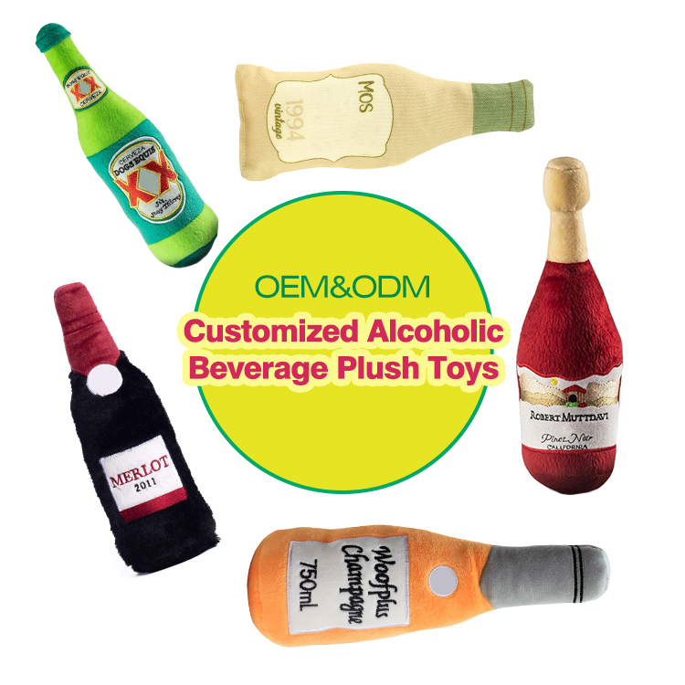 Custom Interactive Plush Toy Printed Beer Bottle Shape Toy Dog Bite Resistant Clean Teeth Chew Toy