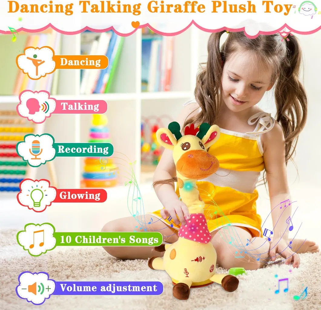 Repeating Talking Dancing Giraffe Light up Musical Plush Toy, Electric Swing Neck Glowing Giraffe Stuffed Doll for Infant Early Education