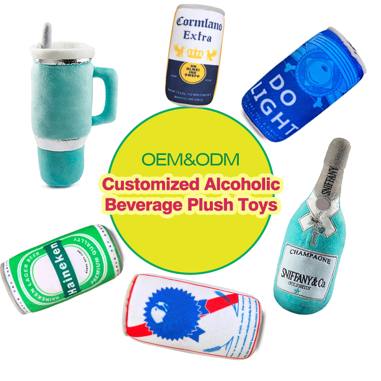 Custom Interactive Plush Toy Printed Beer Bottle Shape Toy Dog Bite Resistant Clean Teeth Chew Toy