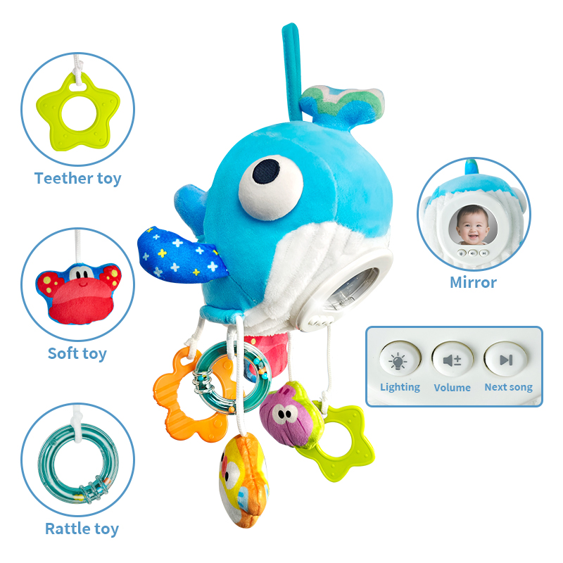 Aijh Musical Sensory Plush Whale Baby Comforter Toy Crib Car Seat Stroller Hanging Toy with Rattle Teether Mirror Toys