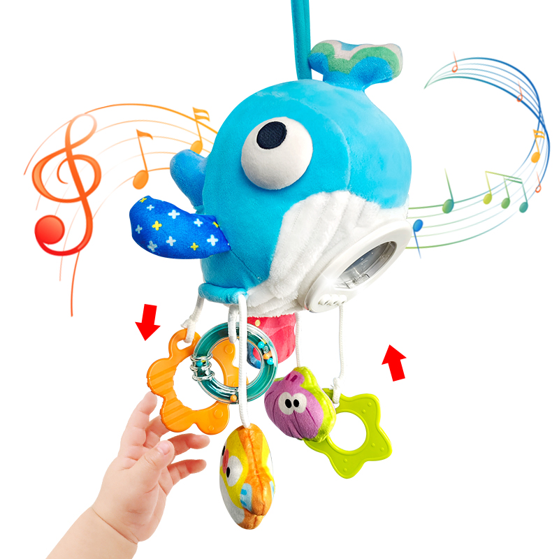 Aijh Musical Sensory Plush Whale Baby Comforter Toy Crib Car Seat Stroller Hanging Toy with Rattle Teether Mirror Toys
