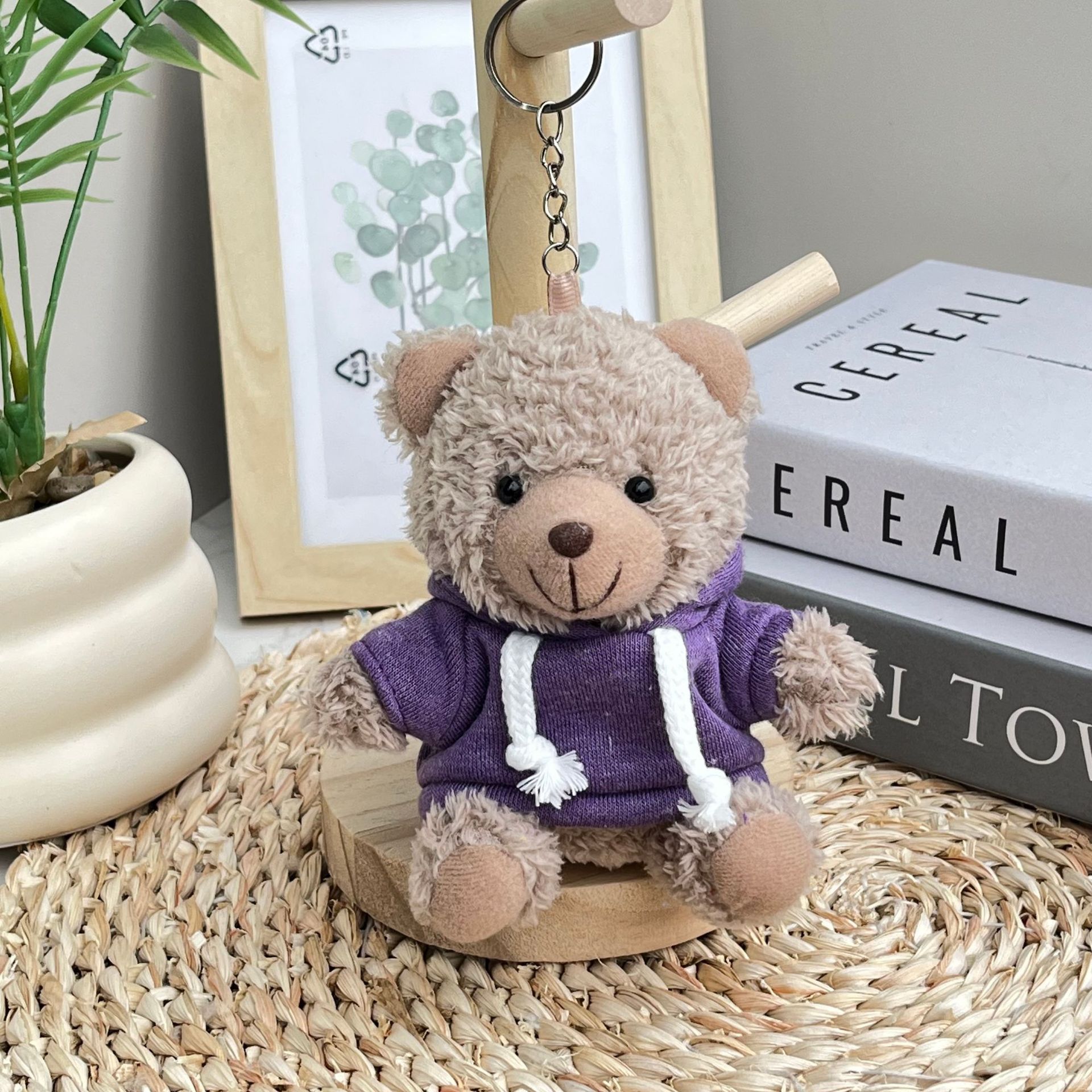 Plush Bear Keychain 12cm Cartoon Cute Wearing Purple Hoodie White Drawstring Soft Stuffed Toy Custom Logo Gift Bag Decor