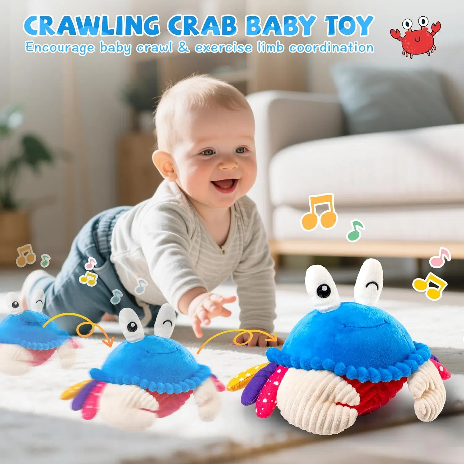 Baby Toys 6-12 Months, Musical Crawling Crab Plush Toy - 40 Songs &amp; Recording Feature, Dancing Walking Moving Bouncing Tummy Time Toy, Sensory Toys for Toddlers