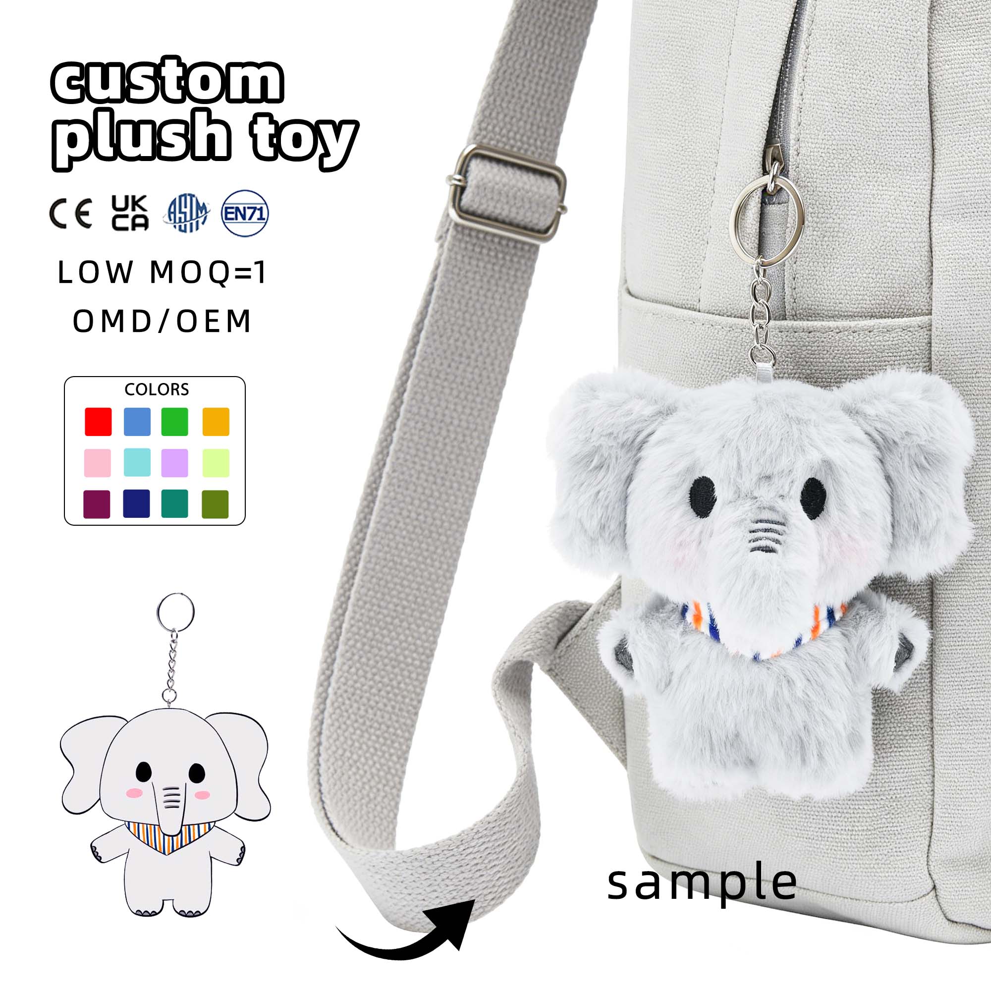 Character Custom Fluffy Keychains Toys Metal Keyring Cartoon Gray Elephant Animal Plushie Keyrings Charm for Hanging