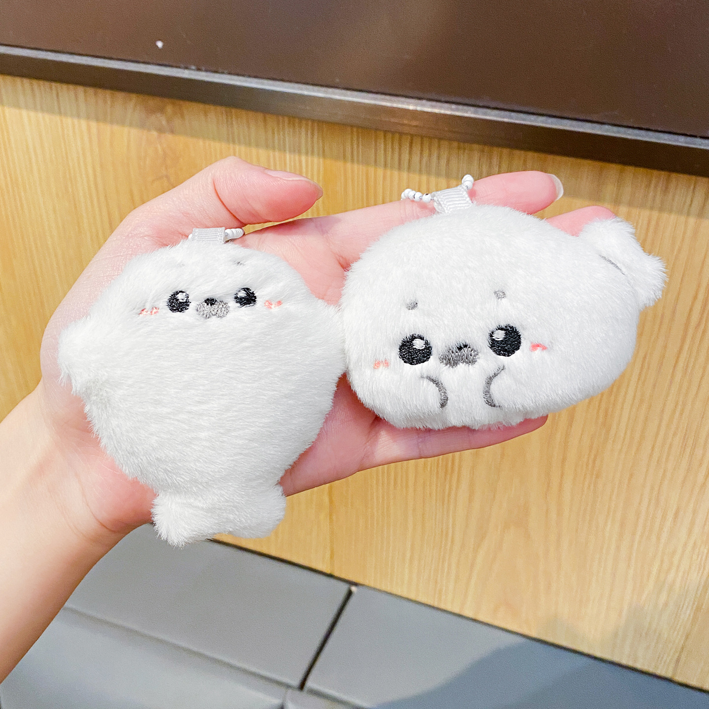 Baby seal plush toy bag pendant detail 1