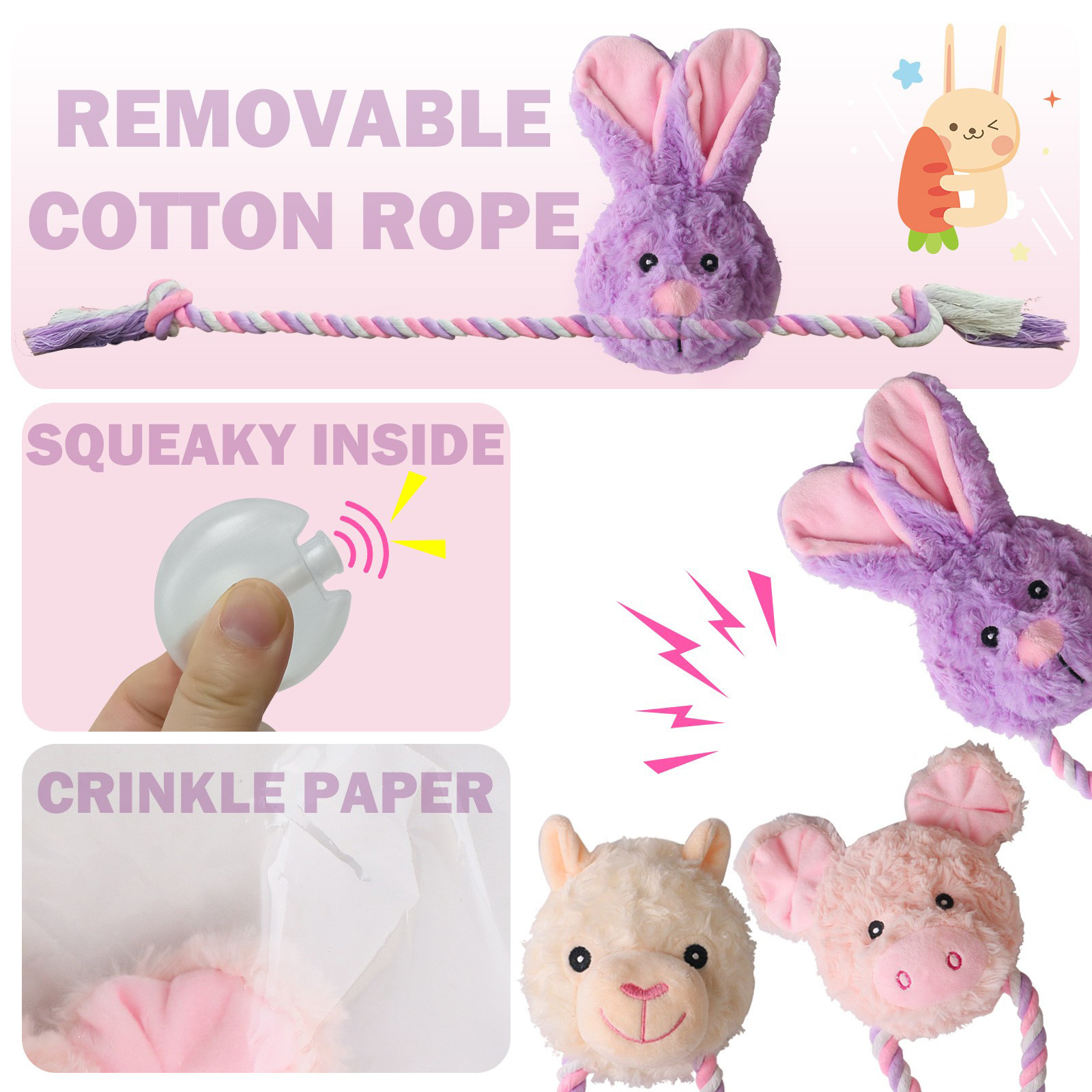 Dog Rope Toy Plush Squeaky Removable Cotton Rope Pets Chew Toys Rabbit OEM ODM Customization Manufacturer Bulk Wholesale