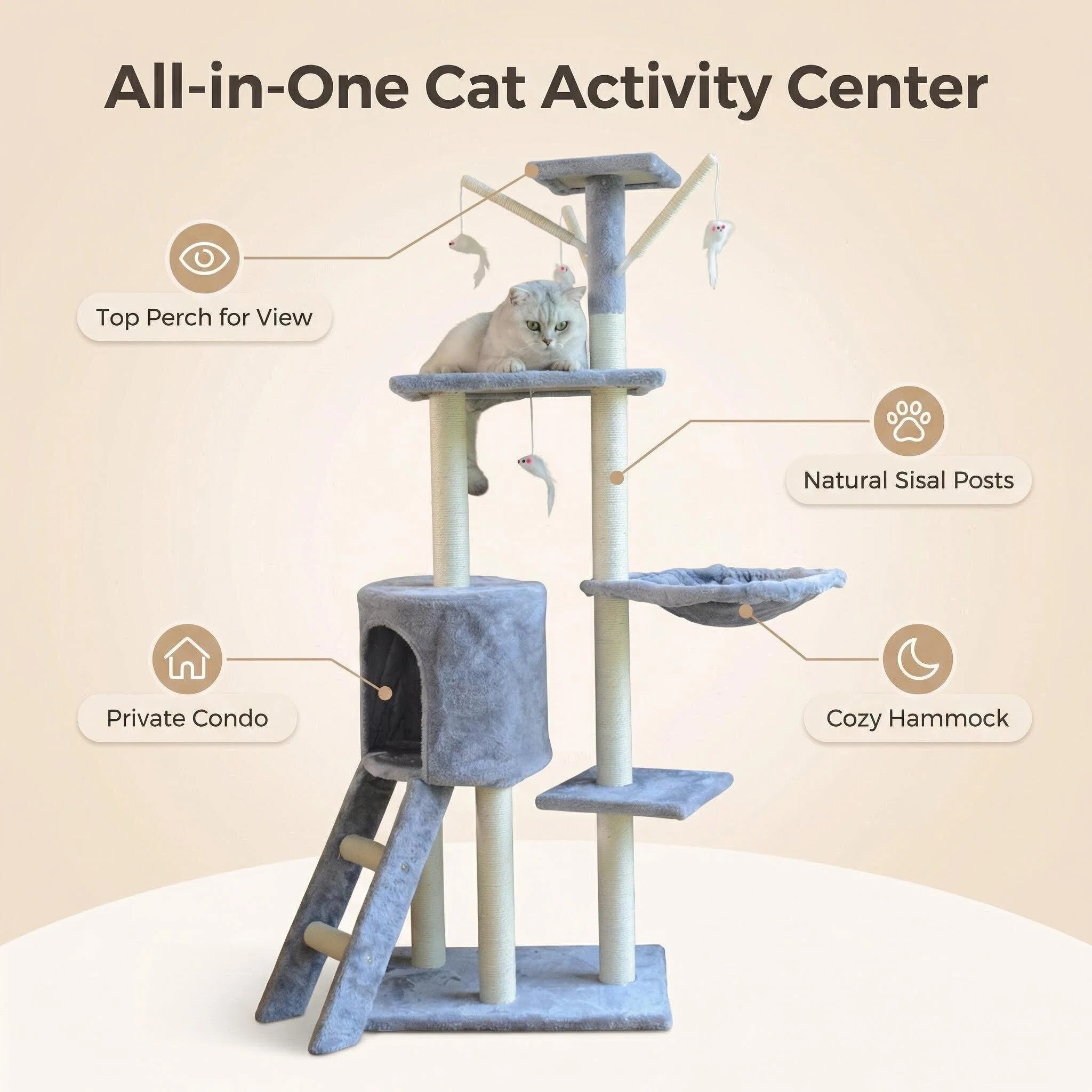 Custom Gray Eco-Friendly Large Indoor Cute Cat Climbing Tree Particle Board 2 Levels 138CM-Luxury Modern Cat Scratching House