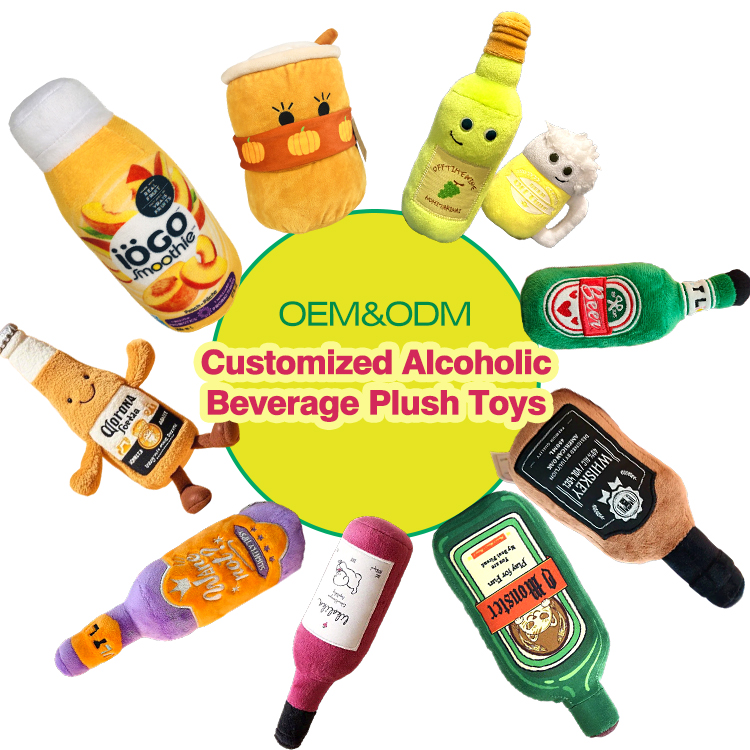 Custom Interactive Plush Toy Printed Beer Bottle Shape Toy Dog Bite Resistant Clean Teeth Chew Toy