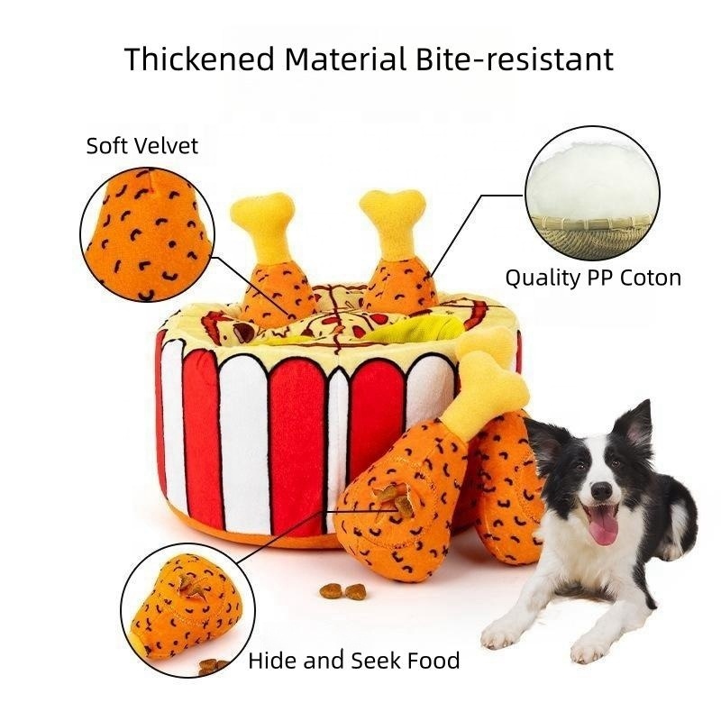 In Stock Plush Enrichment Dog Squeak Toys Fried Chicken Legs Pizza Snuffle Squeaky Puzzle Cognitive Toys for Dogs