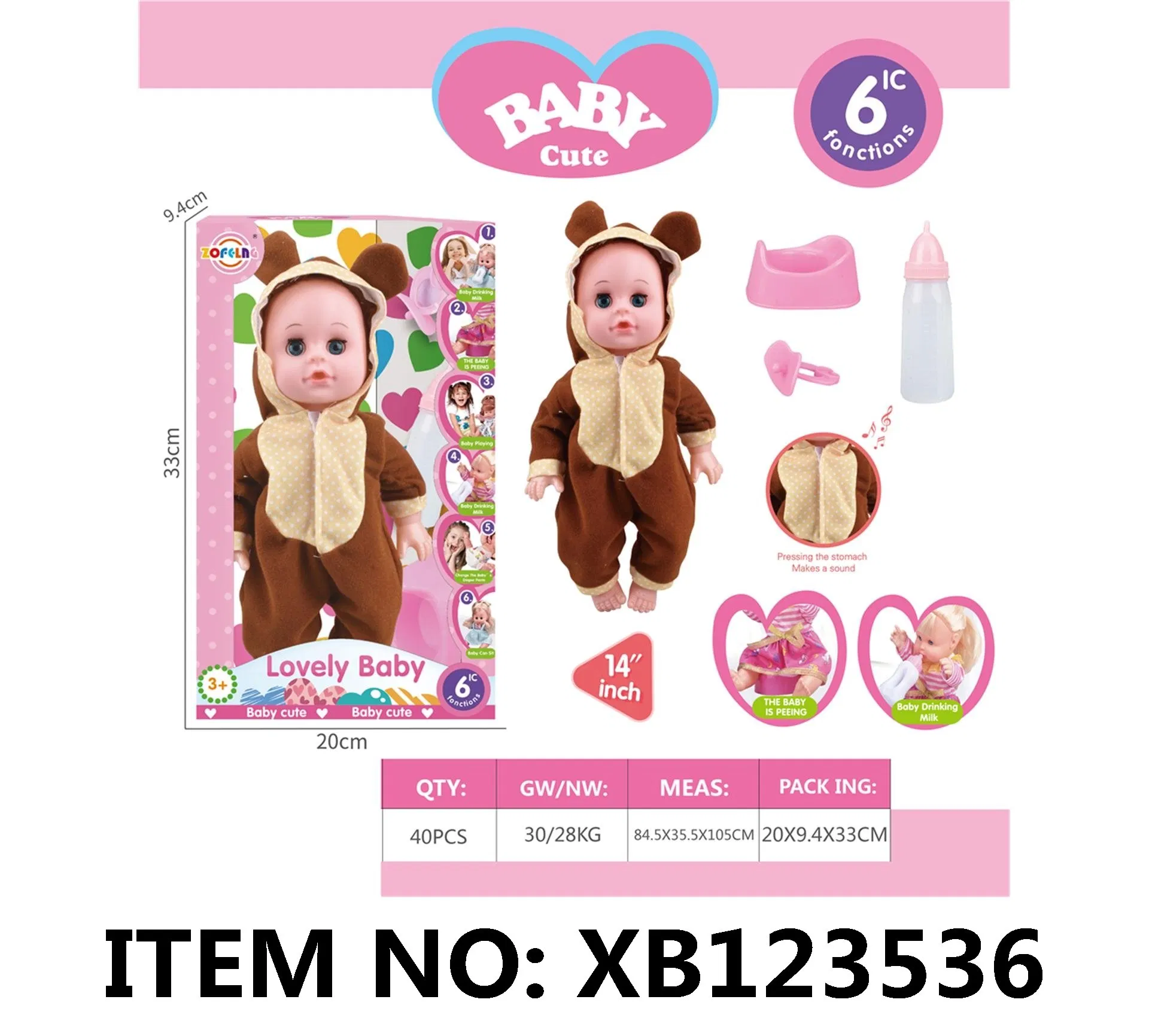 Xinbo Cartoon Animal Plush 14 Inch Baby Doll Bodysuit Doll Jumpsuit