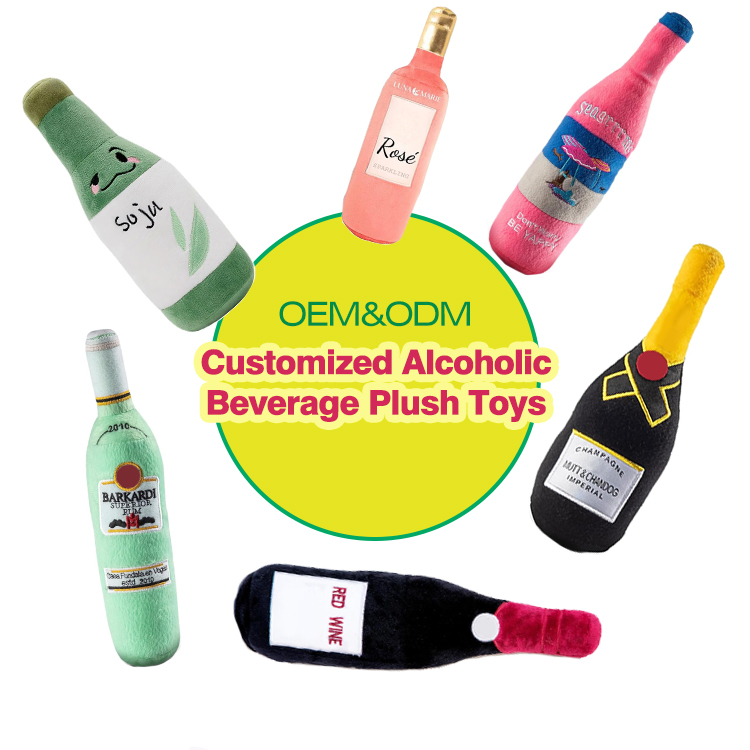Custom Interactive Plush Toy Printed Beer Bottle Shape Toy Dog Bite Resistant Clean Teeth Chew Toy