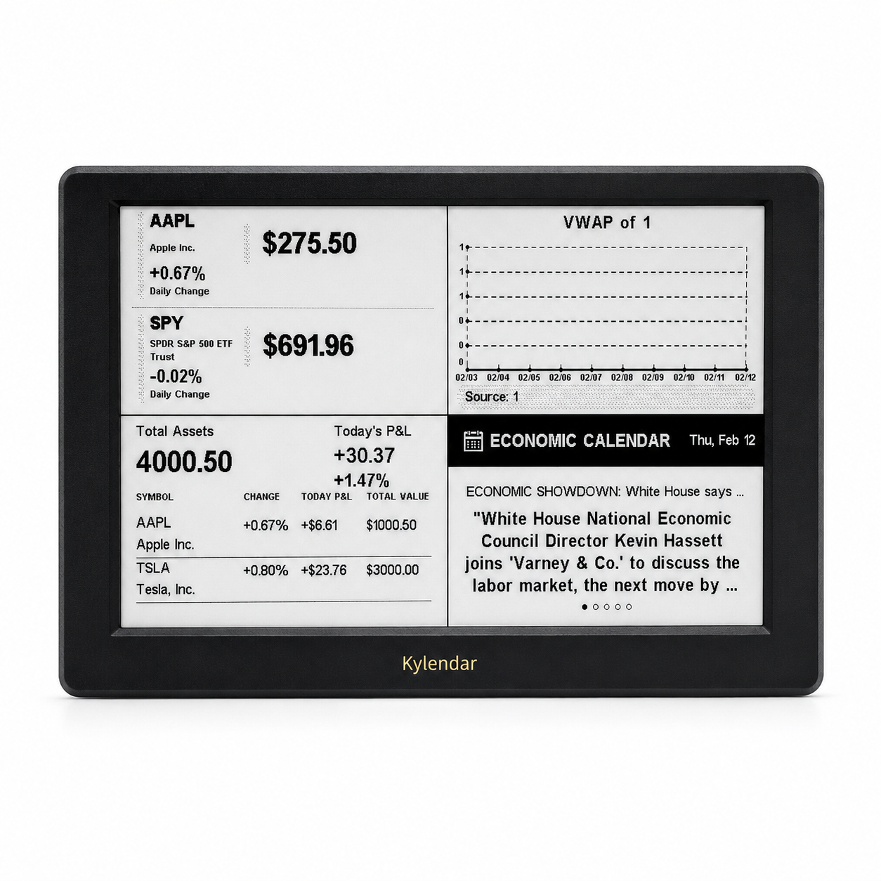 Kylendar Standard E-Ink Smart Finance &amp; Productivity Desk Display Real-Time Market Data &amp; Portfolio Management