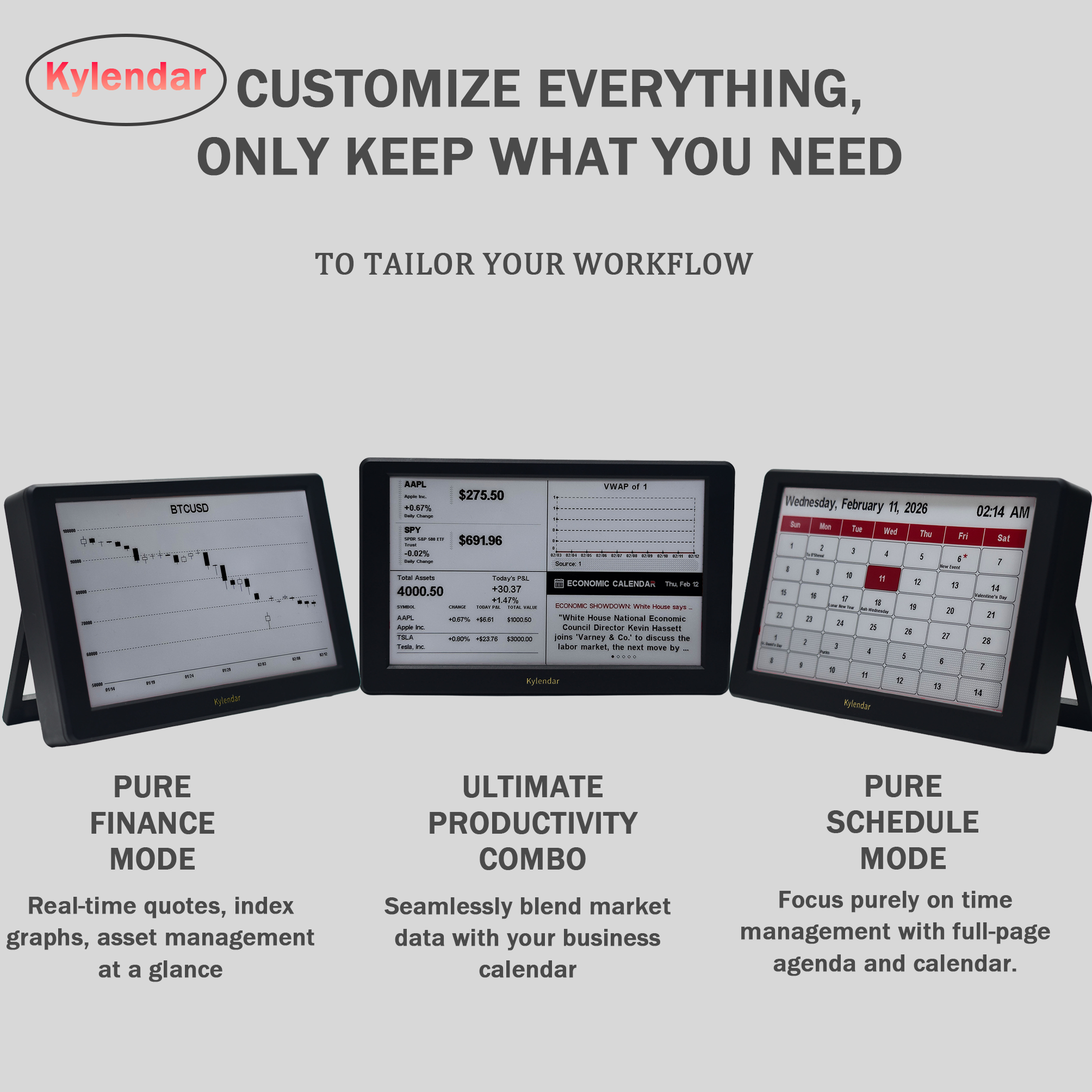 Kylendar Standard E-Ink Smart Finance &amp; Productivity Desk Display Real-Time Market Data &amp; Portfolio Management