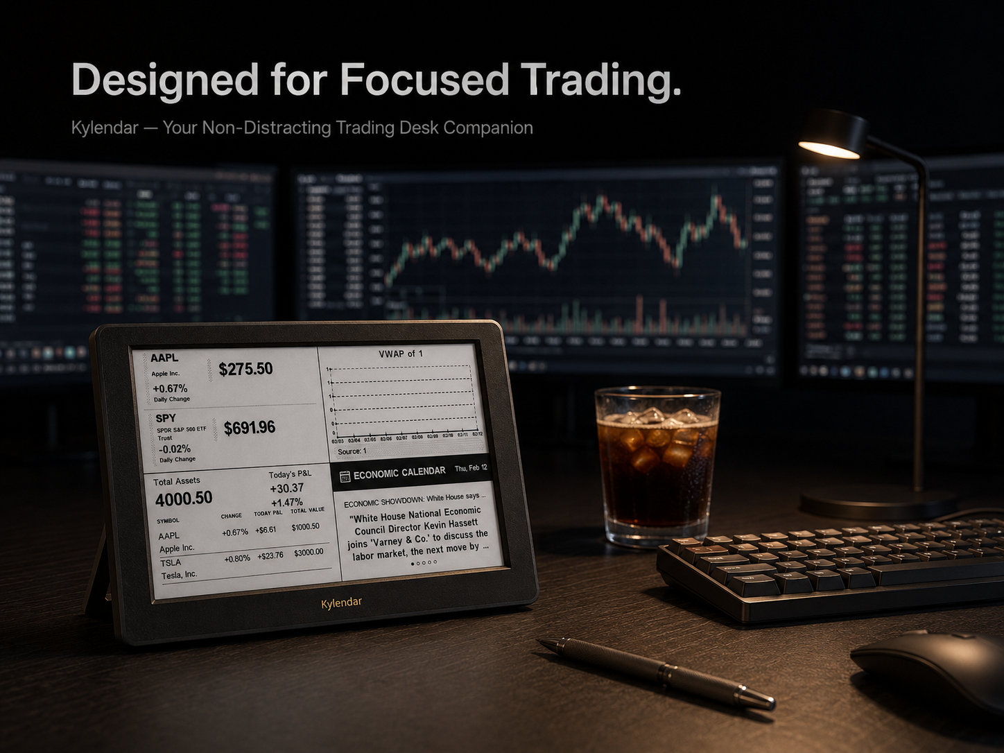 Kylendar Standard E-Ink Smart Finance &amp; Productivity Desk Display Real-Time Market Data &amp; Portfolio Management