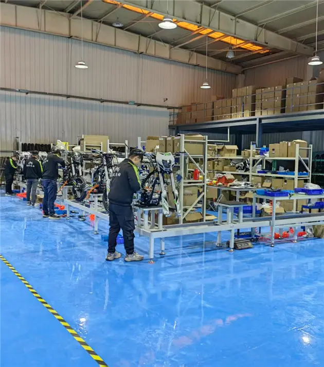 Assembly line production process for TYE electric bikes at Capriole factory