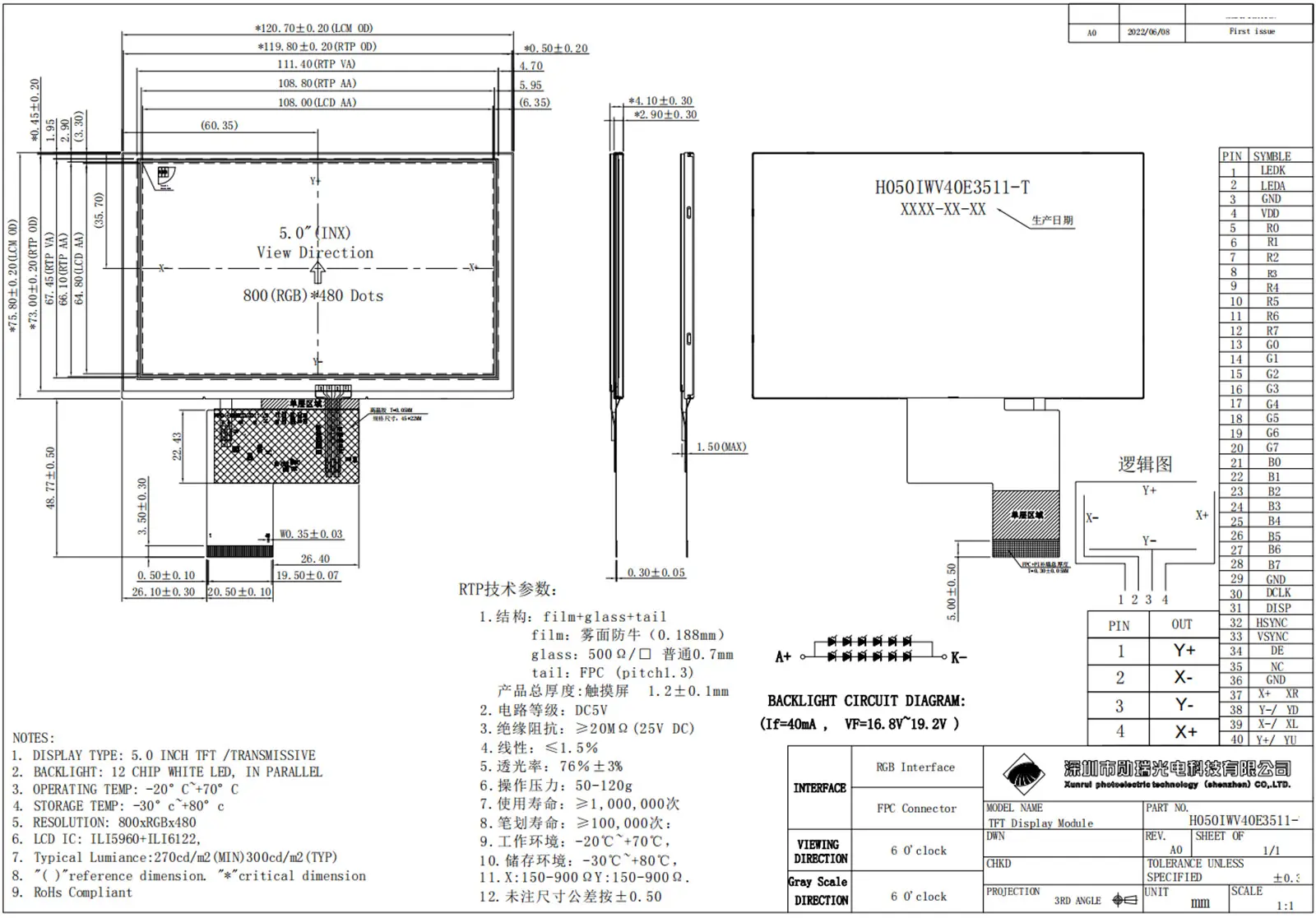 5 inch resistive touch LCD drawing